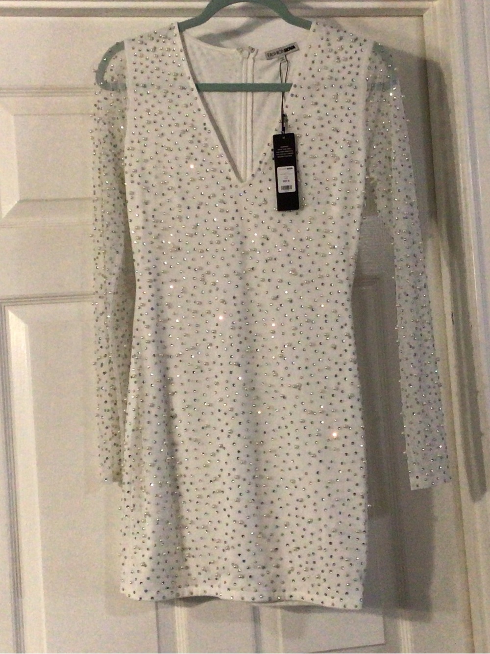 Fashion Nova White Crystal-Embellished Long Sleeve Mini Dress